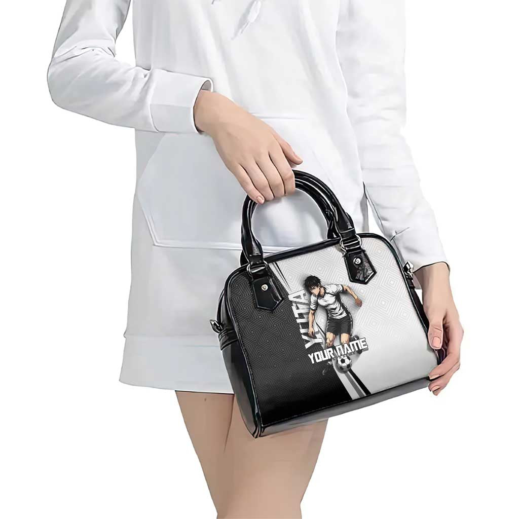 Personalized Okkotsu Yuta Jujutsu Kaisen Soccer Shoulder Handbag with Dribbling Action Pose and Monochrome Geometric Graphic Design - The Mazicc