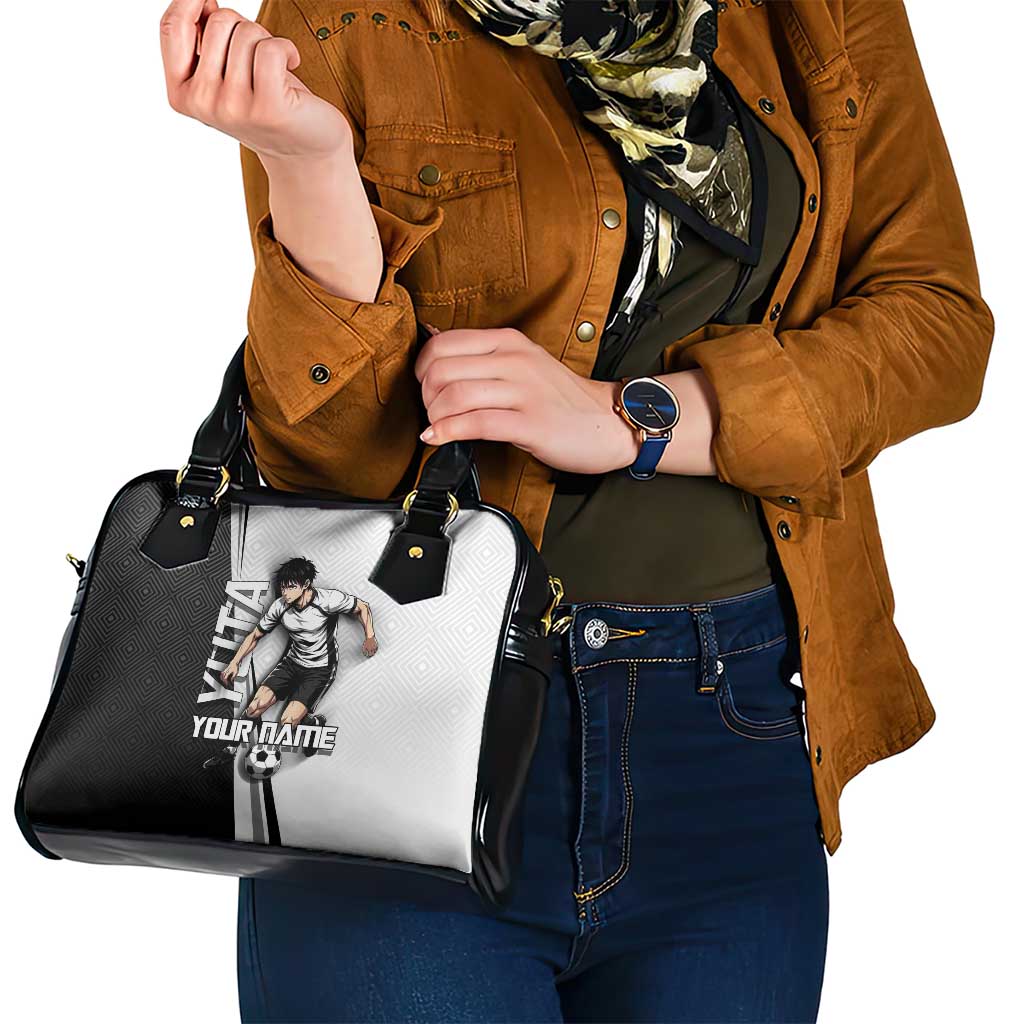 Personalized Okkotsu Yuta Jujutsu Kaisen Soccer Shoulder Handbag with Dribbling Action Pose and Monochrome Geometric Graphic Design - The Mazicc