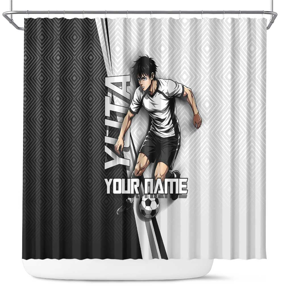 Personalized Okkotsu Yuta Jujutsu Kaisen Soccer Shower Curtain with Dribbling Action Pose and Monochrome Geometric Graphic Design - The Mazicc