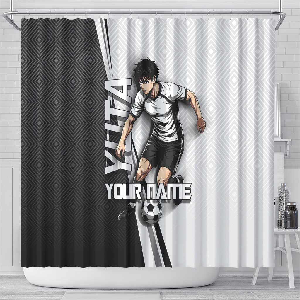 Personalized Okkotsu Yuta Jujutsu Kaisen Soccer Shower Curtain with Dribbling Action Pose and Monochrome Geometric Graphic Design - The Mazicc
