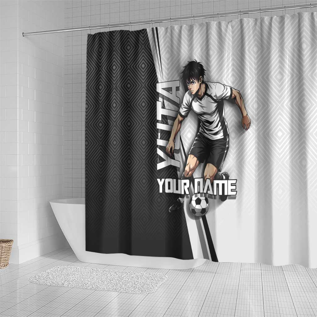Personalized Okkotsu Yuta Jujutsu Kaisen Soccer Shower Curtain with Dribbling Action Pose and Monochrome Geometric Graphic Design - The Mazicc