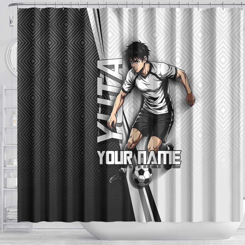 Personalized Okkotsu Yuta Jujutsu Kaisen Soccer Shower Curtain with Dribbling Action Pose and Monochrome Geometric Graphic Design - The Mazicc
