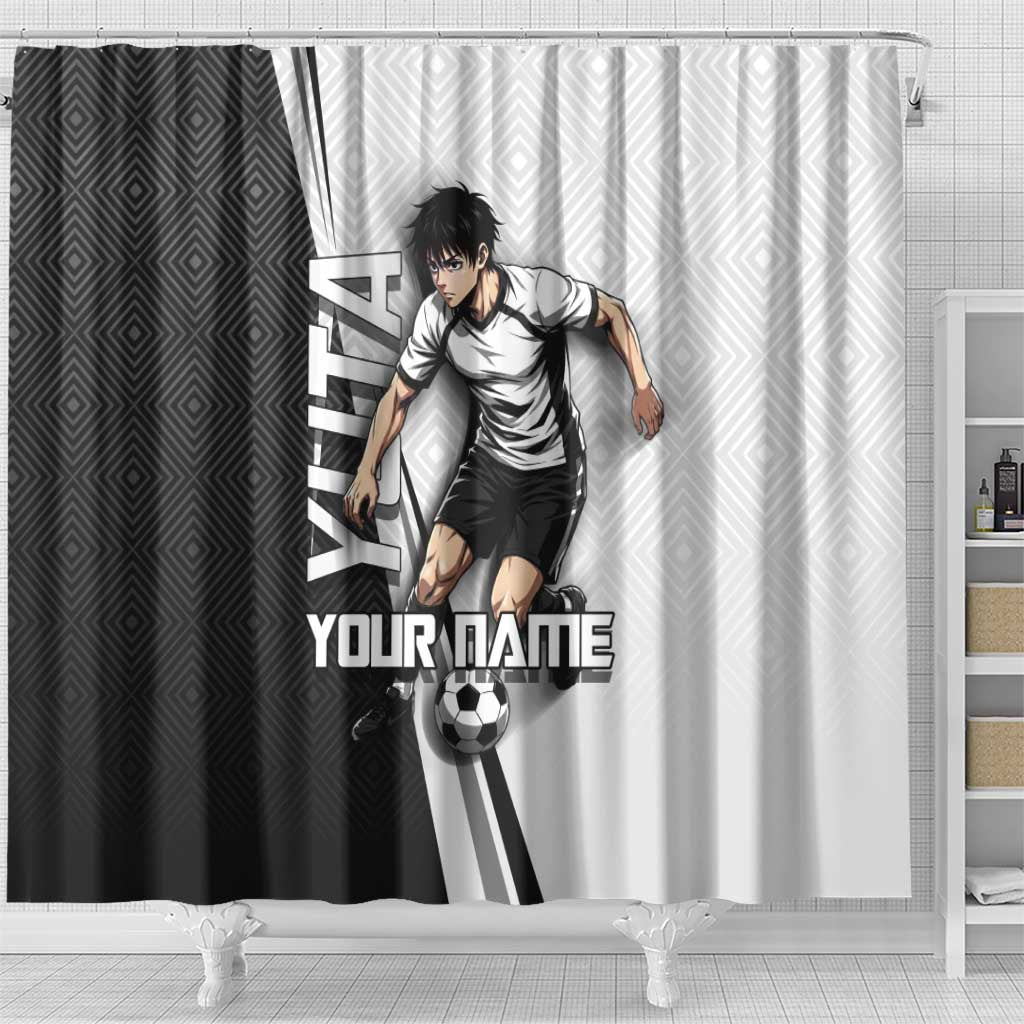 Personalized Okkotsu Yuta Jujutsu Kaisen Soccer Shower Curtain with Dribbling Action Pose and Monochrome Geometric Graphic Design - The Mazicc