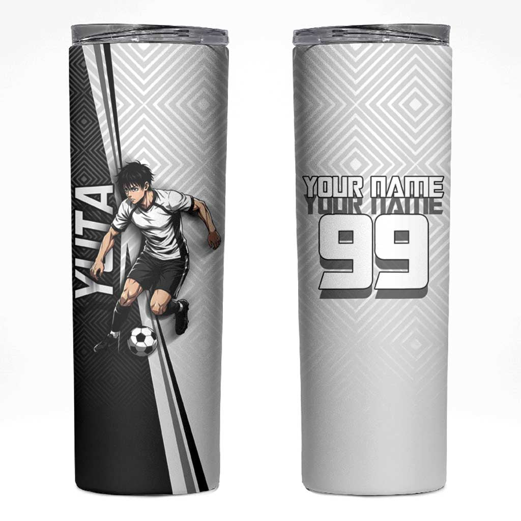Personalized Okkotsu Yuta Jujutsu Kaisen Soccer Skinny Tumbler with Dribbling Action Pose and Monochrome Geometric Graphic Design - The Mazicc