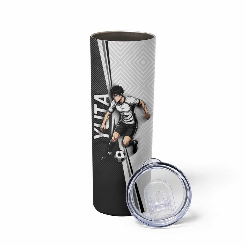 Personalized Okkotsu Yuta Jujutsu Kaisen Soccer Skinny Tumbler with Dribbling Action Pose and Monochrome Geometric Graphic Design - The Mazicc