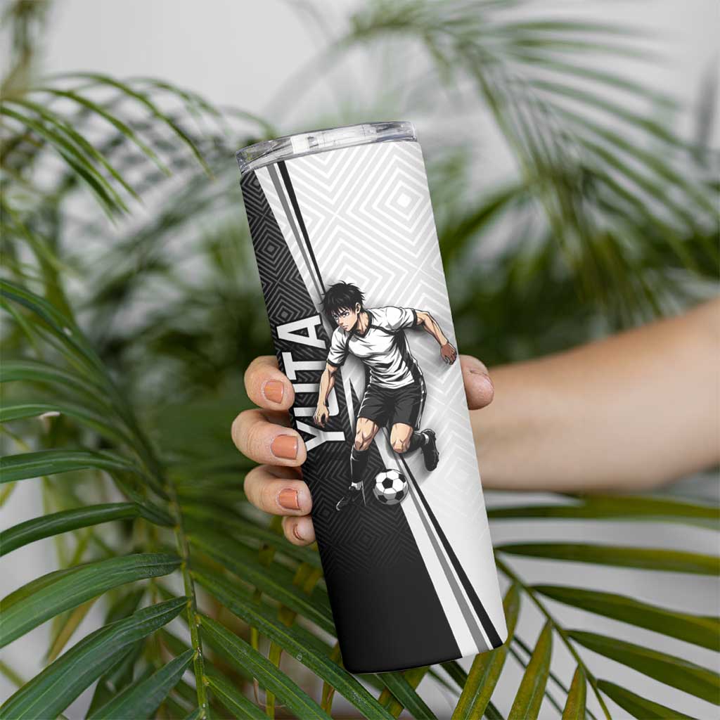 Personalized Okkotsu Yuta Jujutsu Kaisen Soccer Skinny Tumbler with Dribbling Action Pose and Monochrome Geometric Graphic Design - The Mazicc