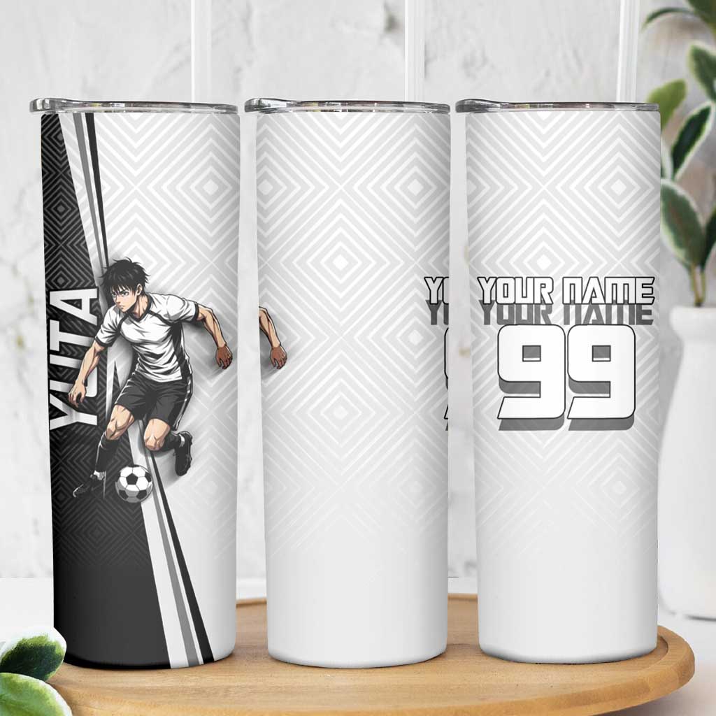 Personalized Okkotsu Yuta Jujutsu Kaisen Soccer Skinny Tumbler with Dribbling Action Pose and Monochrome Geometric Graphic Design - The Mazicc