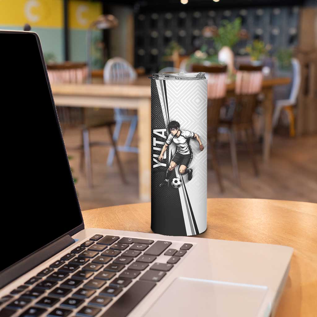 Personalized Okkotsu Yuta Jujutsu Kaisen Soccer Skinny Tumbler with Dribbling Action Pose and Monochrome Geometric Graphic Design - The Mazicc