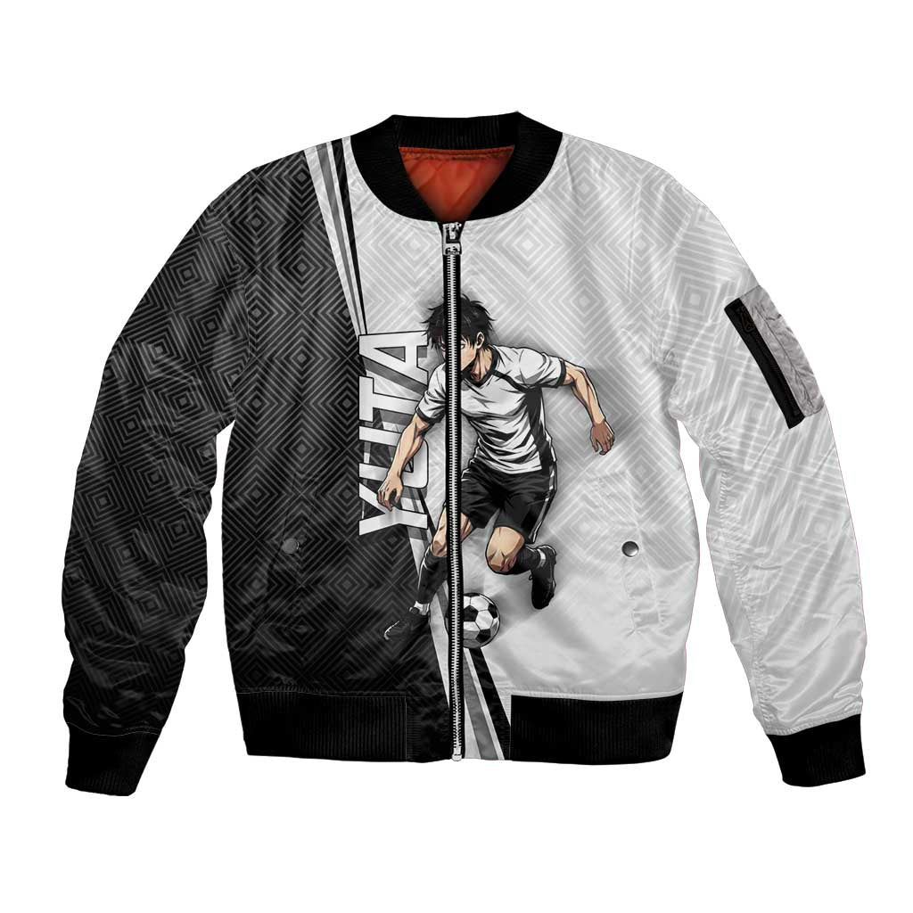 Personalized Okkotsu Yuta Jujutsu Kaisen Soccer Sleeve Zip Bomber Jacket with Dribbling Action Pose and Monochrome Geometric Graphic Design - The Mazicc
