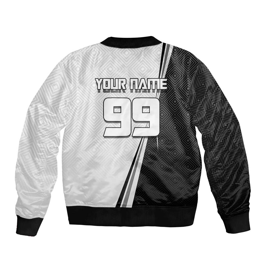Personalized Okkotsu Yuta Jujutsu Kaisen Soccer Sleeve Zip Bomber Jacket with Dribbling Action Pose and Monochrome Geometric Graphic Design - The Mazicc
