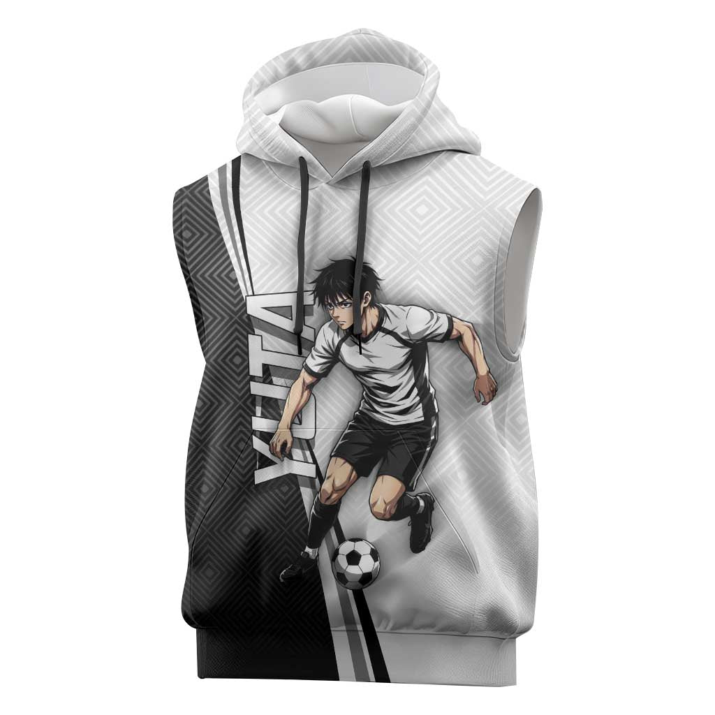 Personalized Okkotsu Yuta Jujutsu Kaisen Soccer Sleeveless Hoodie with Dribbling Action Pose and Monochrome Geometric Graphic Design - The Mazicc