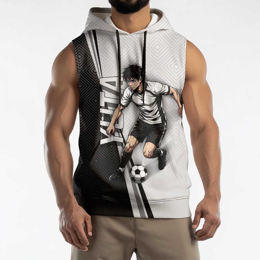 Personalized Okkotsu Yuta Jujutsu Kaisen Soccer Sleeveless Hoodie with Dribbling Action Pose and Monochrome Geometric Graphic Design - The Mazicc
