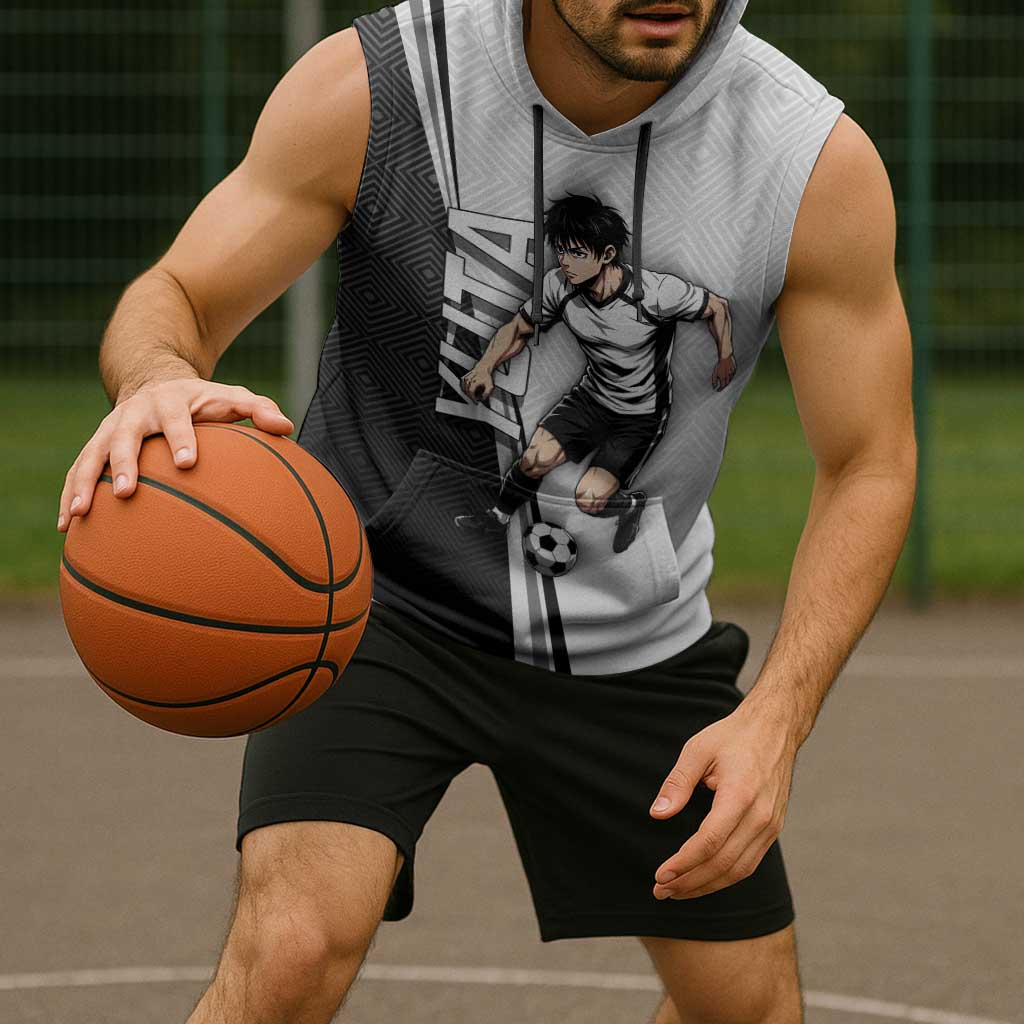 Personalized Okkotsu Yuta Jujutsu Kaisen Soccer Sleeveless Hoodie with Dribbling Action Pose and Monochrome Geometric Graphic Design - The Mazicc