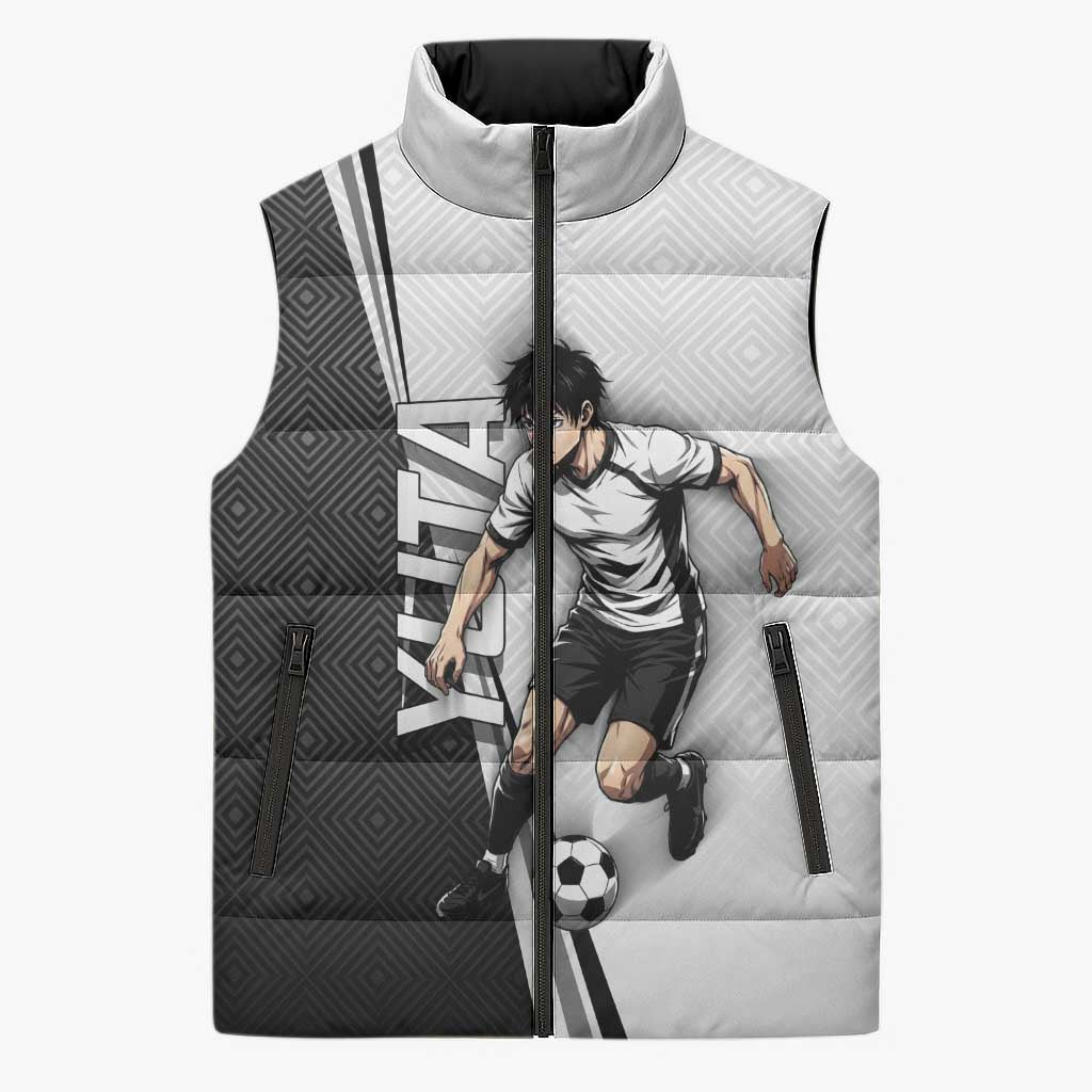 Personalized Okkotsu Yuta Jujutsu Kaisen Soccer Sleeveless Puffer Jacket with Dribbling Action Pose and Monochrome Geometric Graphic Design - The Mazicc