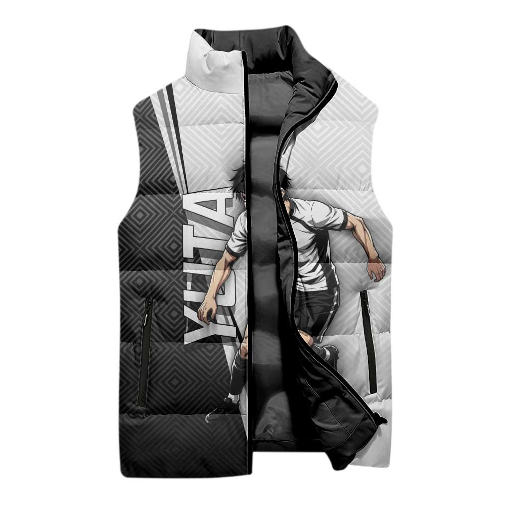 Personalized Okkotsu Yuta Jujutsu Kaisen Soccer Sleeveless Puffer Jacket with Dribbling Action Pose and Monochrome Geometric Graphic Design - The Mazicc