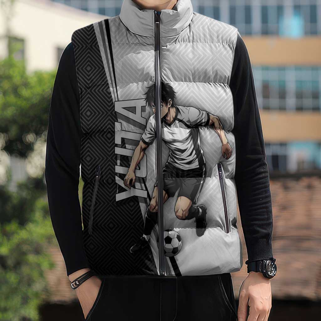 Personalized Okkotsu Yuta Jujutsu Kaisen Soccer Sleeveless Puffer Jacket with Dribbling Action Pose and Monochrome Geometric Graphic Design - The Mazicc