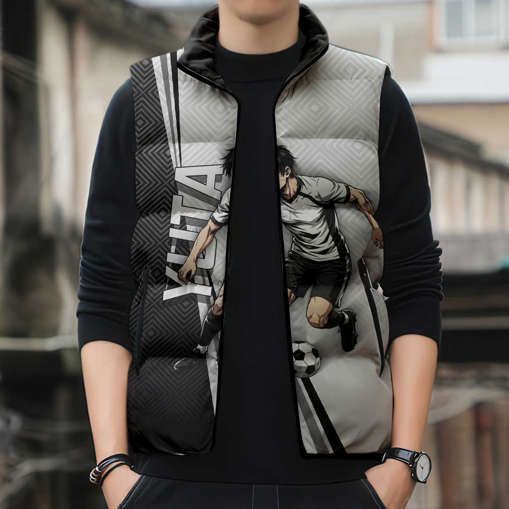 Personalized Okkotsu Yuta Jujutsu Kaisen Soccer Sleeveless Puffer Jacket with Dribbling Action Pose and Monochrome Geometric Graphic Design - The Mazicc