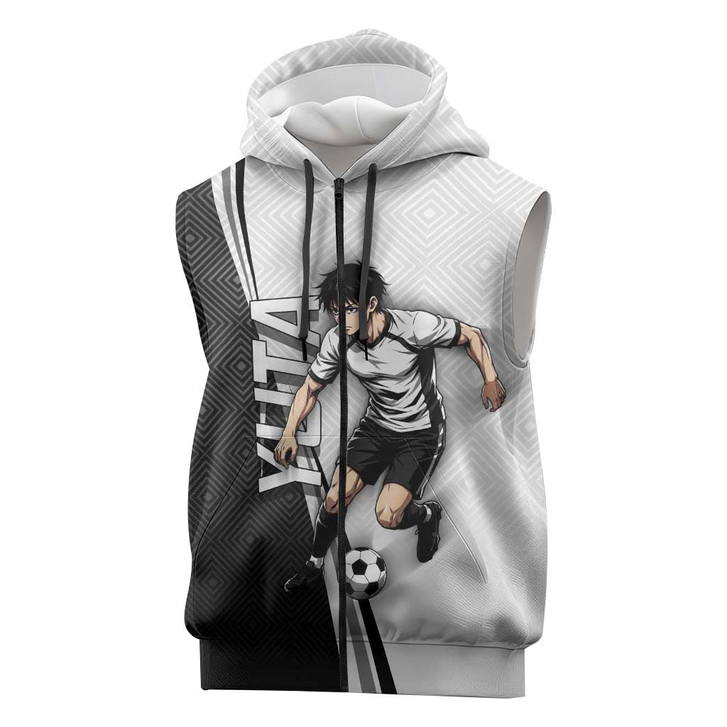 Personalized Okkotsu Yuta Jujutsu Kaisen Soccer Sleeveless Zip Hoodie with Dribbling Action Pose and Monochrome Geometric Graphic Design - The Mazicc