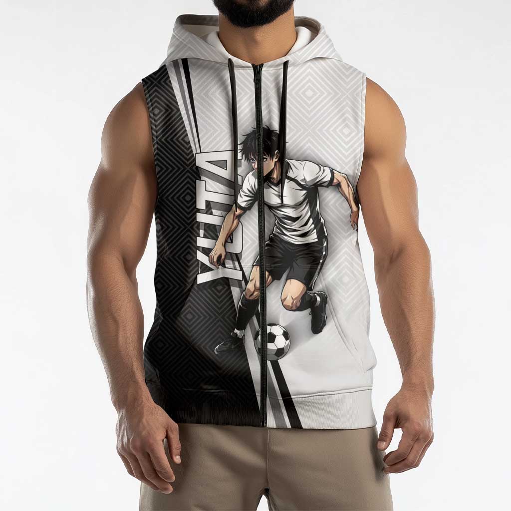 Personalized Okkotsu Yuta Jujutsu Kaisen Soccer Sleeveless Zip Hoodie with Dribbling Action Pose and Monochrome Geometric Graphic Design - The Mazicc
