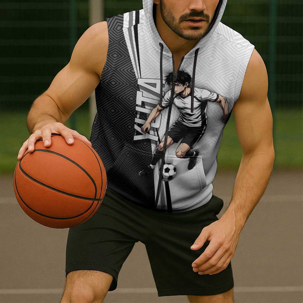 Personalized Okkotsu Yuta Jujutsu Kaisen Soccer Sleeveless Zip Hoodie with Dribbling Action Pose and Monochrome Geometric Graphic Design - The Mazicc