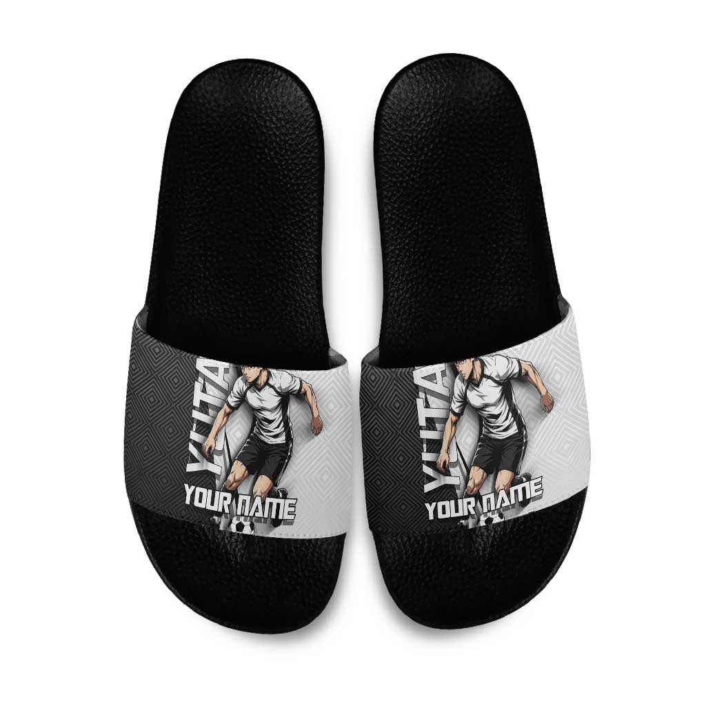 Personalized Okkotsu Yuta Jujutsu Kaisen Soccer Slide Sandals with Dribbling Action Pose and Monochrome Geometric Graphic Design - The Mazicc