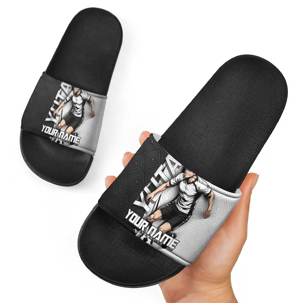 Personalized Okkotsu Yuta Jujutsu Kaisen Soccer Slide Sandals with Dribbling Action Pose and Monochrome Geometric Graphic Design - The Mazicc