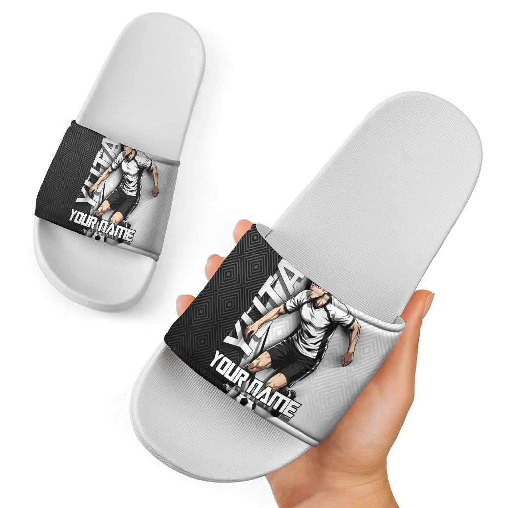 Personalized Okkotsu Yuta Jujutsu Kaisen Soccer Slide Sandals with Dribbling Action Pose and Monochrome Geometric Graphic Design - The Mazicc