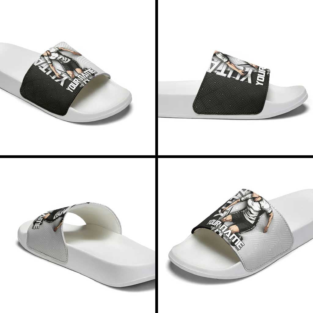 Personalized Okkotsu Yuta Jujutsu Kaisen Soccer Slide Sandals with Dribbling Action Pose and Monochrome Geometric Graphic Design - The Mazicc