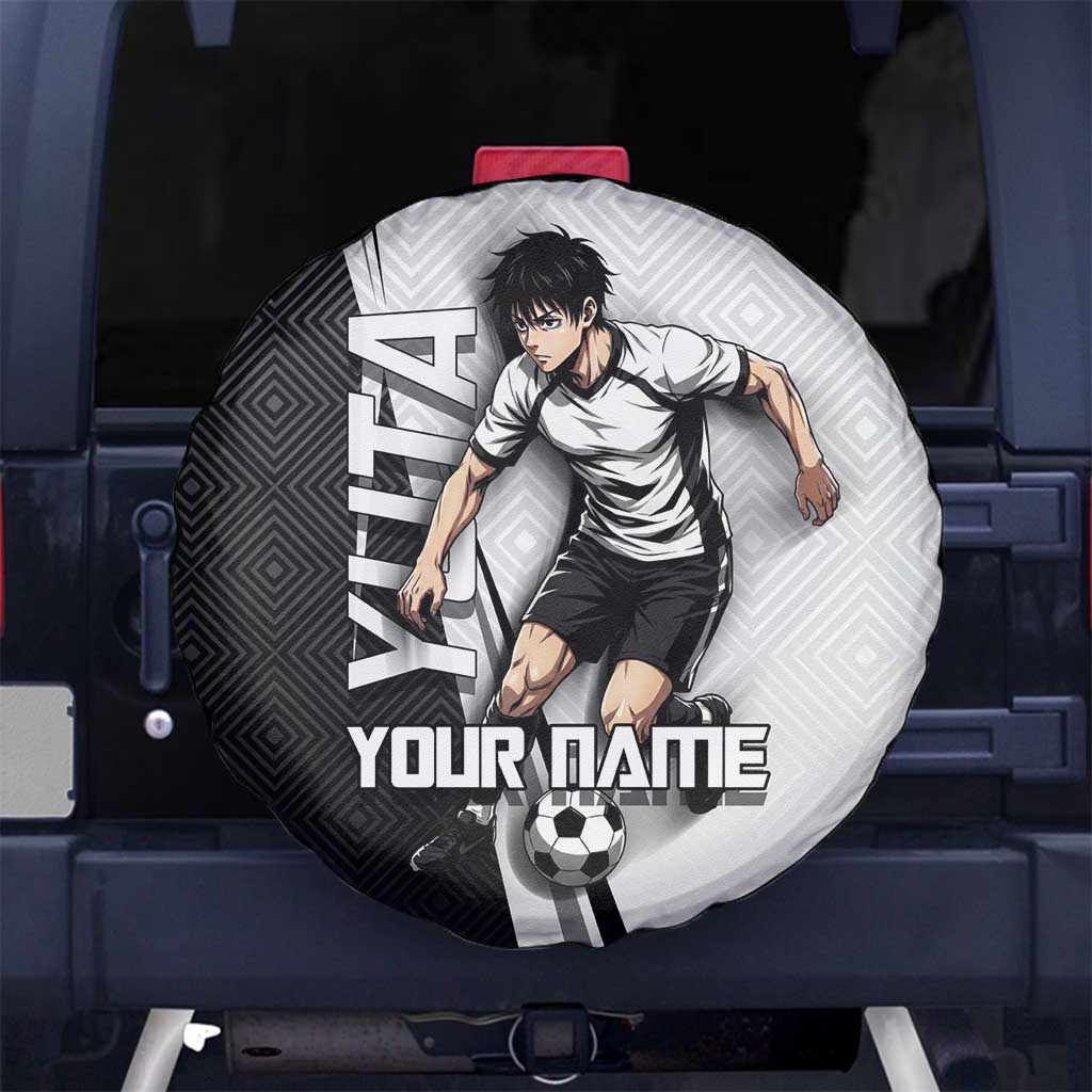 Personalized Okkotsu Yuta Jujutsu Kaisen Soccer Spare Tire Cover with Dribbling Action Pose and Monochrome Geometric Graphic Design - The Mazicc