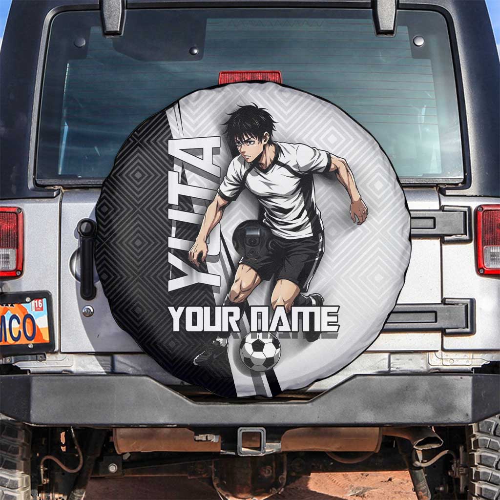 Personalized Okkotsu Yuta Jujutsu Kaisen Soccer Spare Tire Cover with Dribbling Action Pose and Monochrome Geometric Graphic Design - The Mazicc