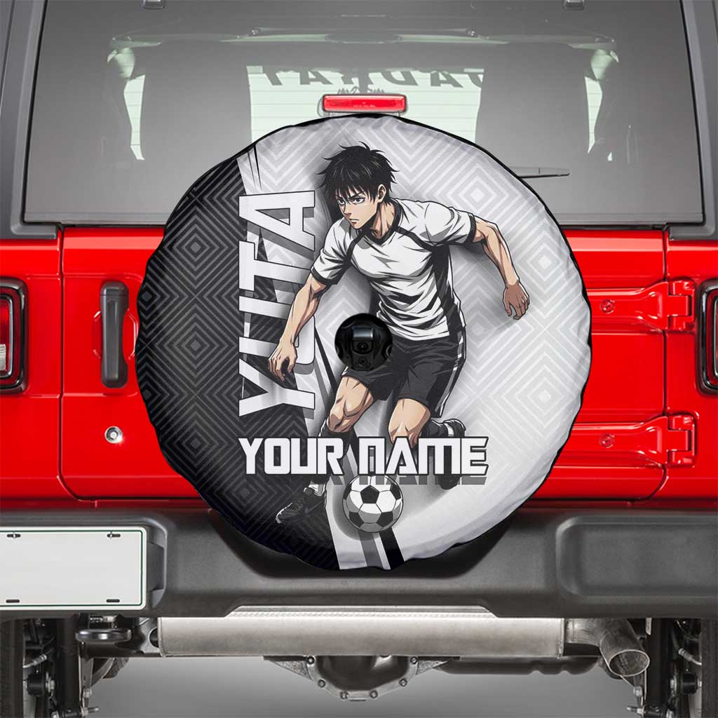 Personalized Okkotsu Yuta Jujutsu Kaisen Soccer Spare Tire Cover with Dribbling Action Pose and Monochrome Geometric Graphic Design - The Mazicc