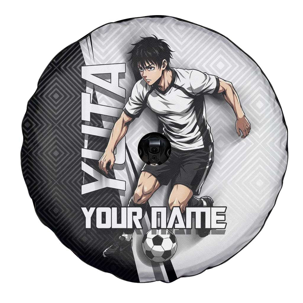 Personalized Okkotsu Yuta Jujutsu Kaisen Soccer Spare Tire Cover with Dribbling Action Pose and Monochrome Geometric Graphic Design - The Mazicc