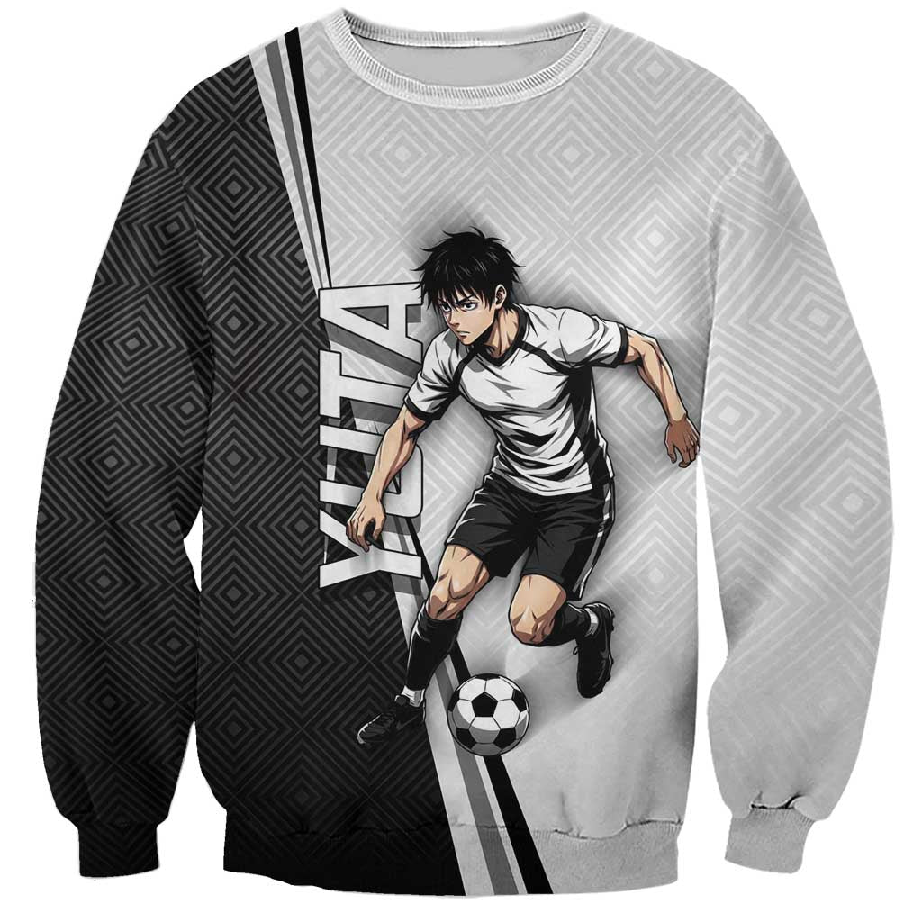 Personalized Okkotsu Yuta Jujutsu Kaisen Soccer Sweatshirt with Dribbling Action Pose and Monochrome Geometric Graphic Design - The Mazicc