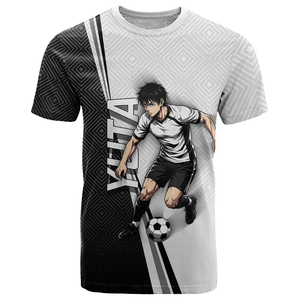 Personalized Okkotsu Yuta Jujutsu Kaisen Soccer T Shirt with Dribbling Action Pose and Monochrome Geometric Graphic Design - The Mazicc
