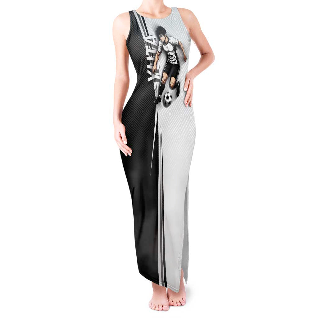 Personalized Okkotsu Yuta Jujutsu Kaisen Soccer Tank Maxi Dress with Dribbling Action Pose and Monochrome Geometric Graphic Design - The Mazicc
