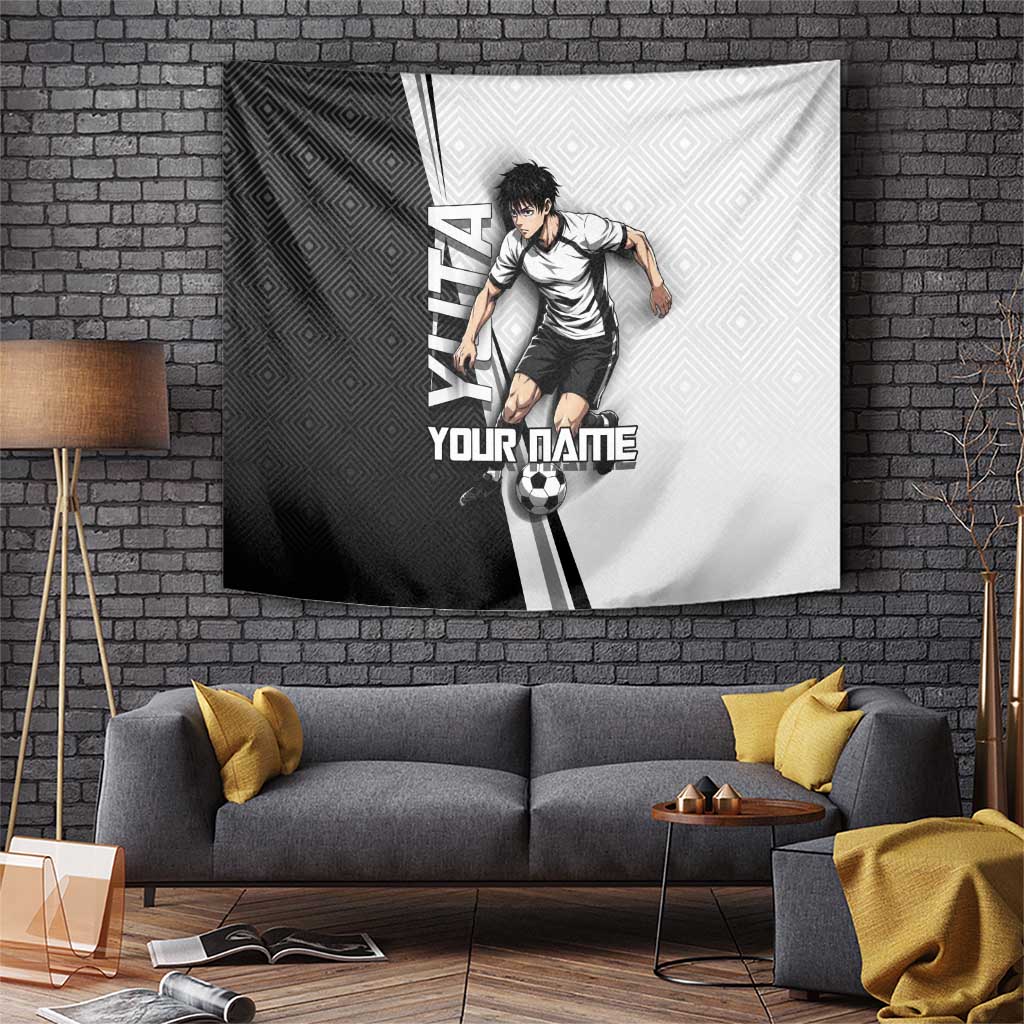 Personalized Okkotsu Yuta Jujutsu Kaisen Soccer Tapestry with Dribbling Action Pose and Monochrome Geometric Graphic Design - The Mazicc