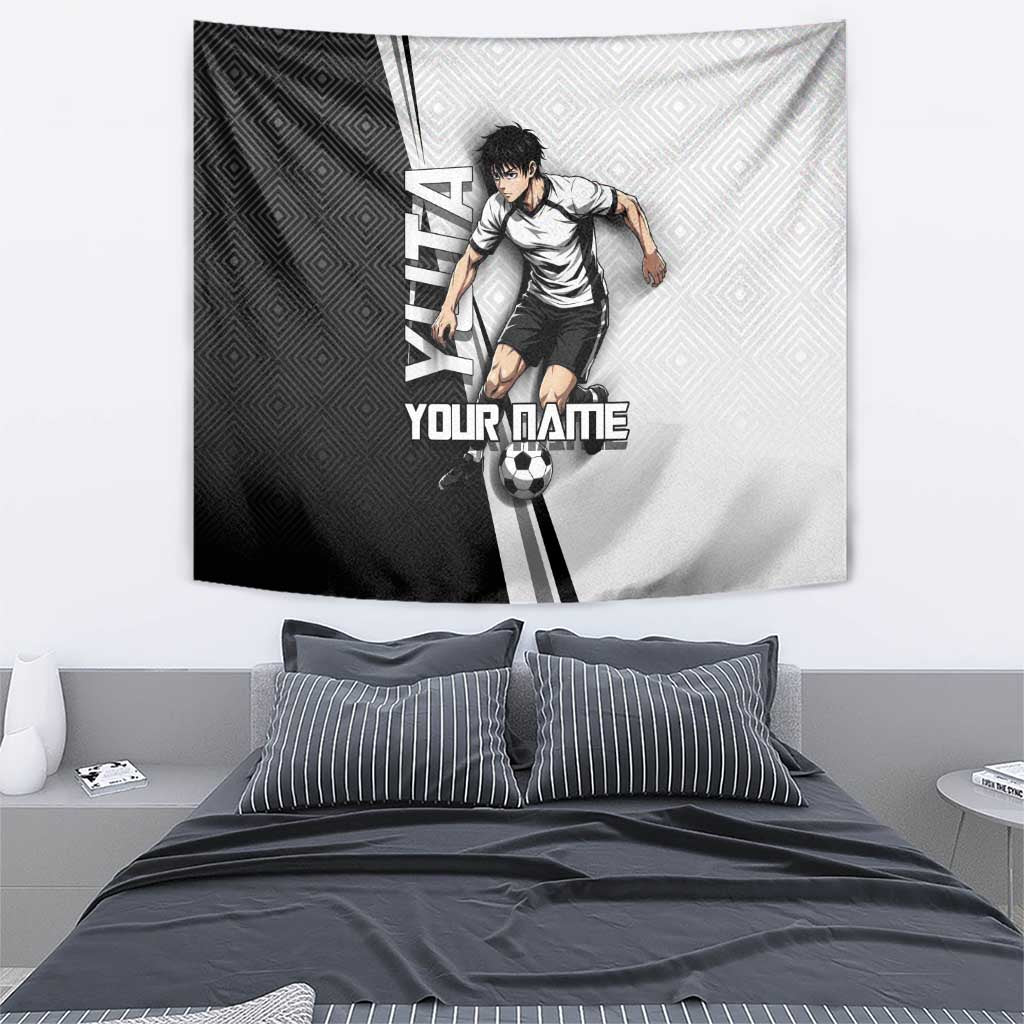 Personalized Okkotsu Yuta Jujutsu Kaisen Soccer Tapestry with Dribbling Action Pose and Monochrome Geometric Graphic Design - The Mazicc