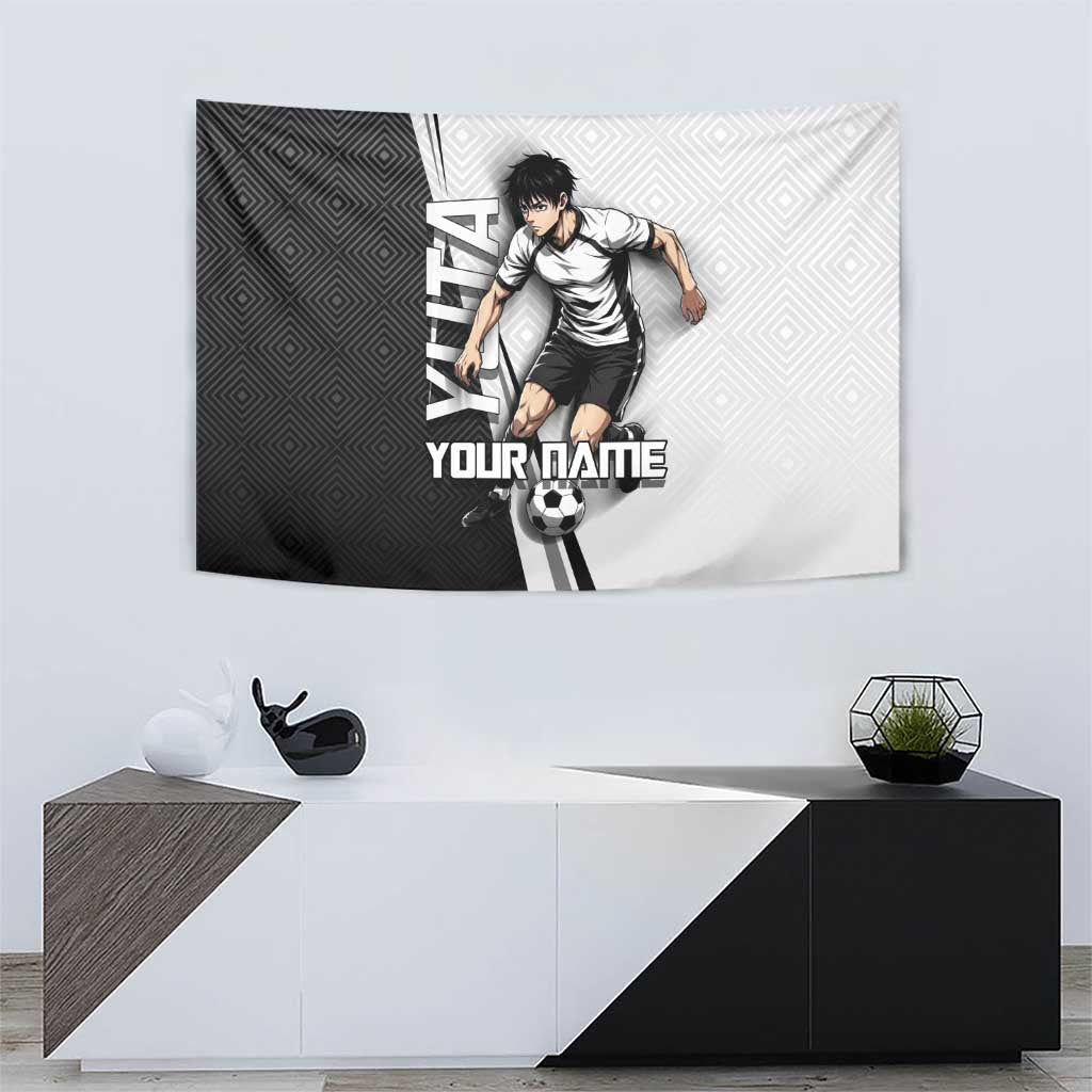 Personalized Okkotsu Yuta Jujutsu Kaisen Soccer Tapestry with Dribbling Action Pose and Monochrome Geometric Graphic Design - The Mazicc