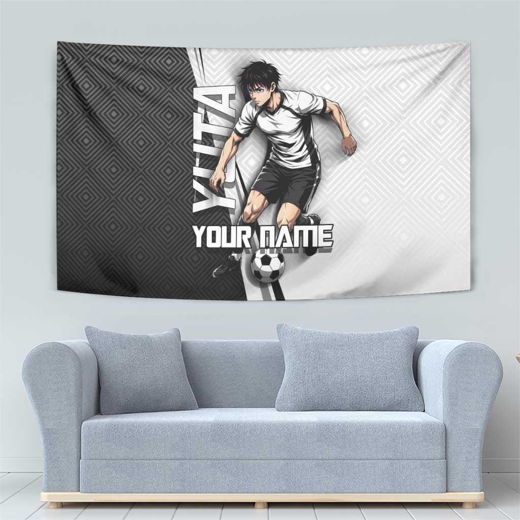 Personalized Okkotsu Yuta Jujutsu Kaisen Soccer Tapestry with Dribbling Action Pose and Monochrome Geometric Graphic Design - The Mazicc