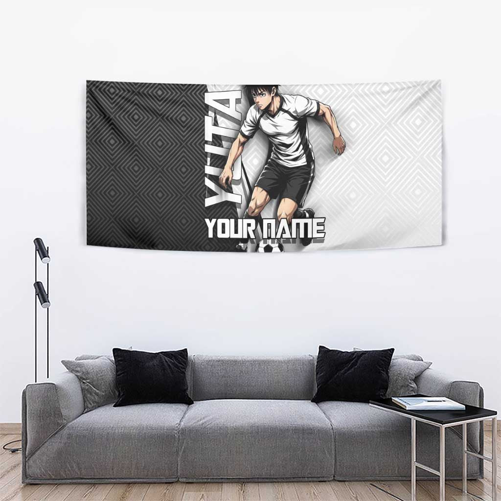 Personalized Okkotsu Yuta Jujutsu Kaisen Soccer Tapestry with Dribbling Action Pose and Monochrome Geometric Graphic Design - The Mazicc