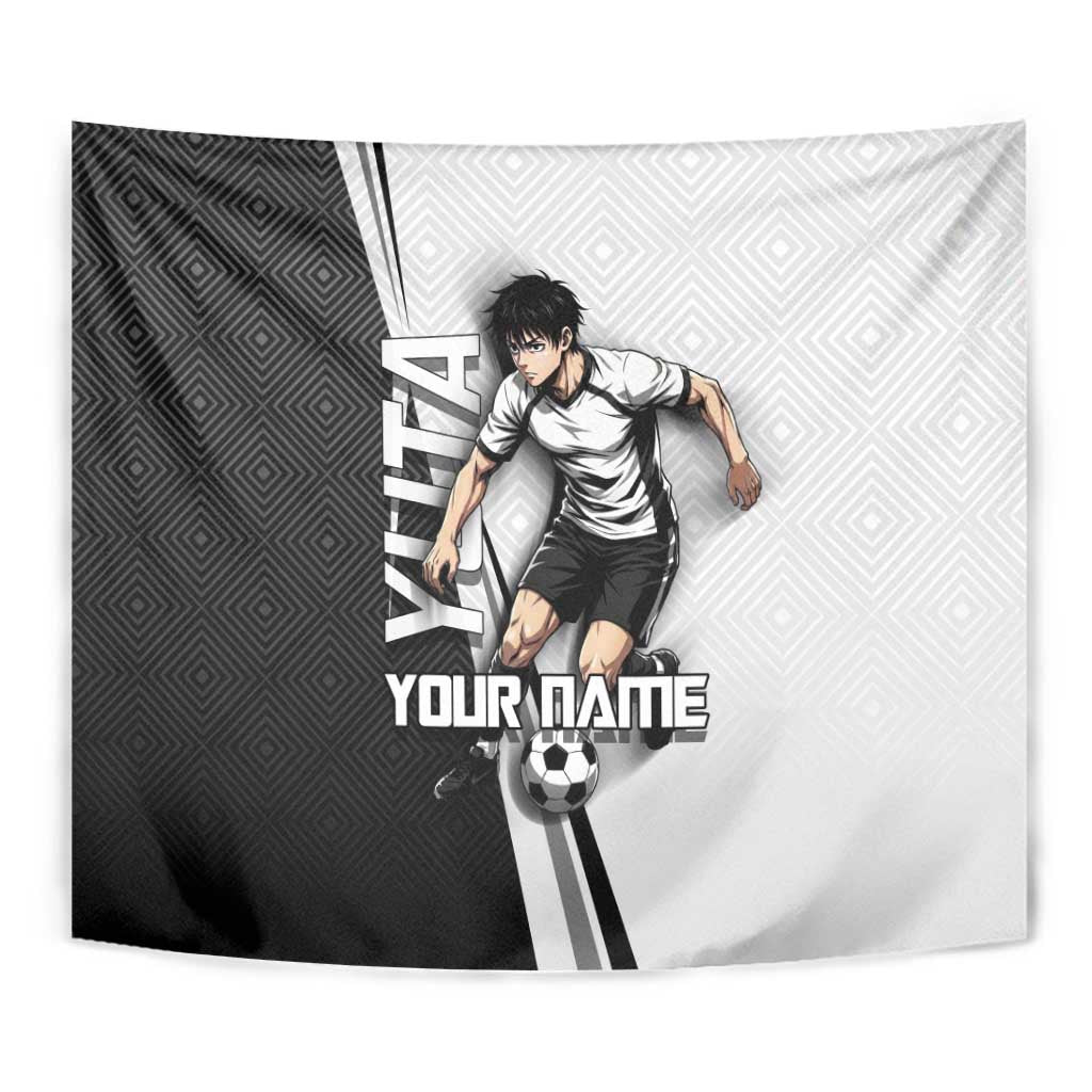Personalized Okkotsu Yuta Jujutsu Kaisen Soccer Tapestry with Dribbling Action Pose and Monochrome Geometric Graphic Design - The Mazicc