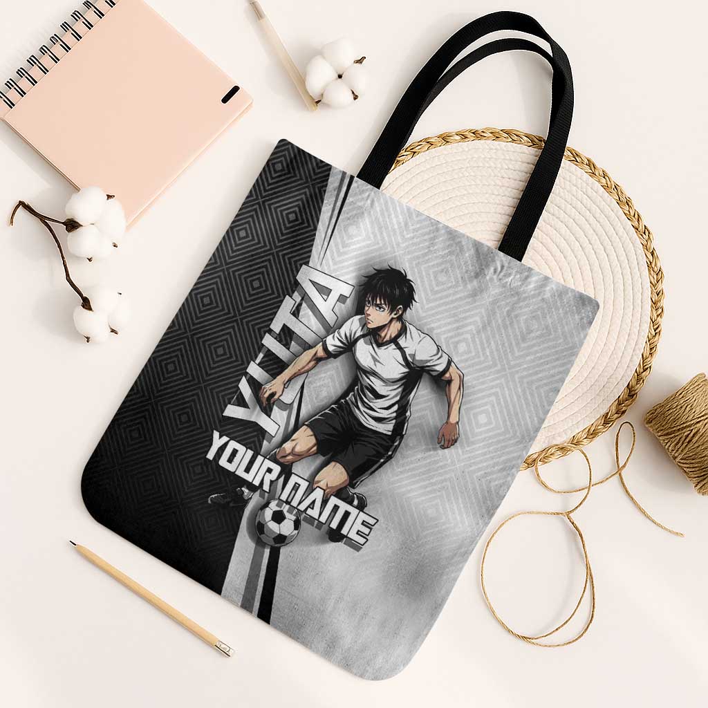 Personalized Okkotsu Yuta Jujutsu Kaisen Soccer Tote Bag with Dribbling Action Pose and Monochrome Geometric Graphic Design - The Mazicc