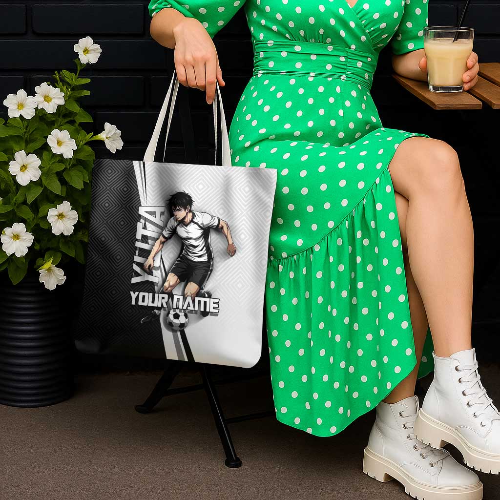 Personalized Okkotsu Yuta Jujutsu Kaisen Soccer Tote Bag with Dribbling Action Pose and Monochrome Geometric Graphic Design - The Mazicc