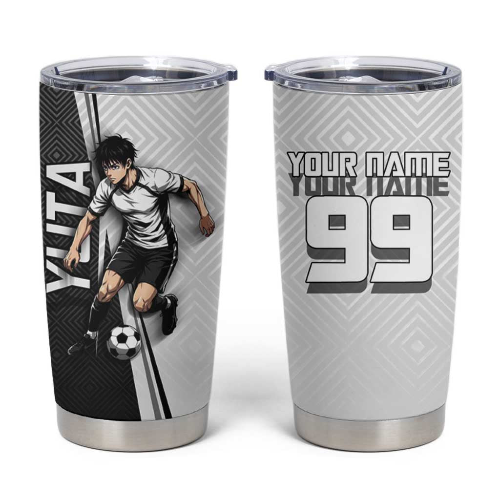 Personalized Okkotsu Yuta Jujutsu Kaisen Soccer Tumbler Cup with Dribbling Action Pose and Monochrome Geometric Graphic Design - The Mazicc