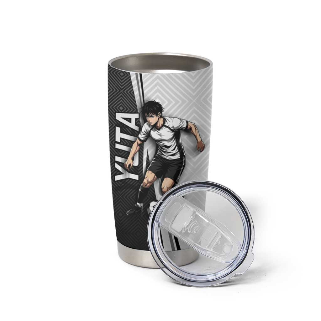 Personalized Okkotsu Yuta Jujutsu Kaisen Soccer Tumbler Cup with Dribbling Action Pose and Monochrome Geometric Graphic Design - The Mazicc