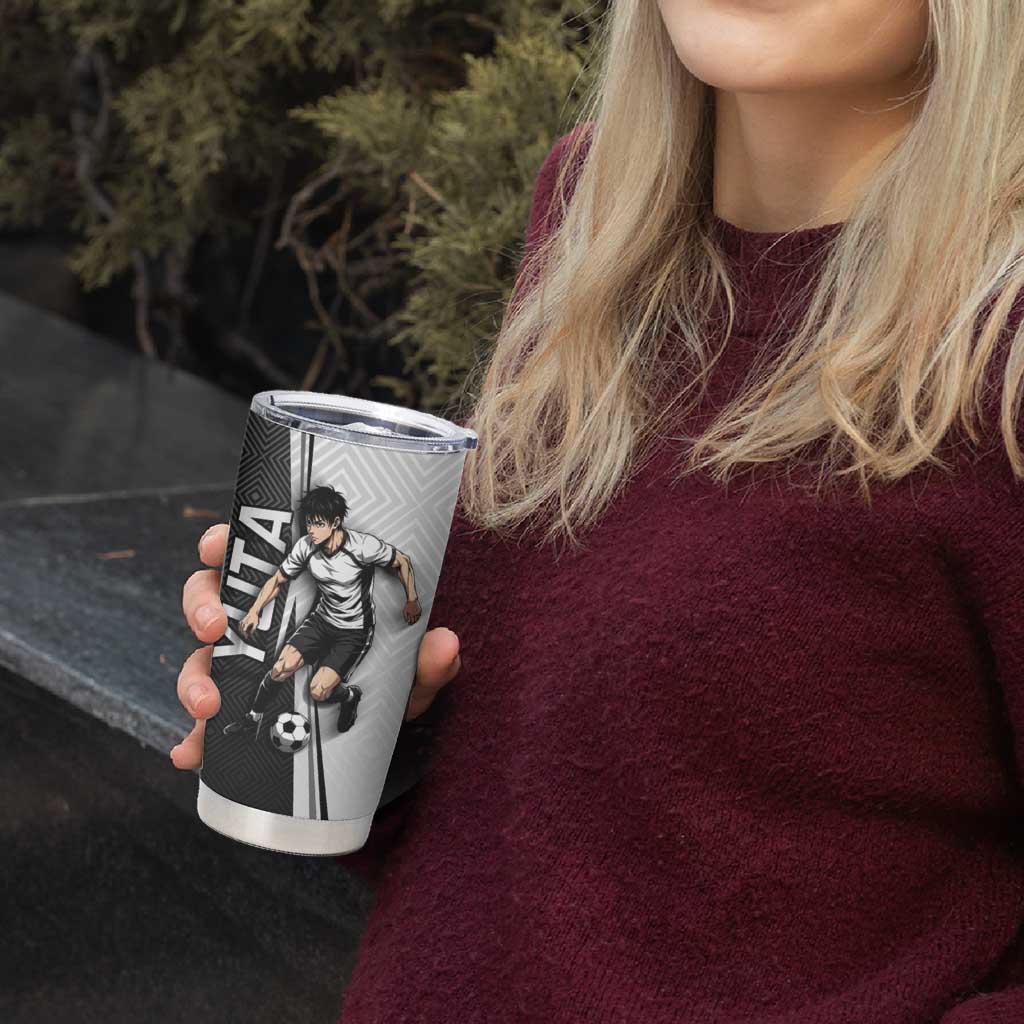 Personalized Okkotsu Yuta Jujutsu Kaisen Soccer Tumbler Cup with Dribbling Action Pose and Monochrome Geometric Graphic Design - The Mazicc