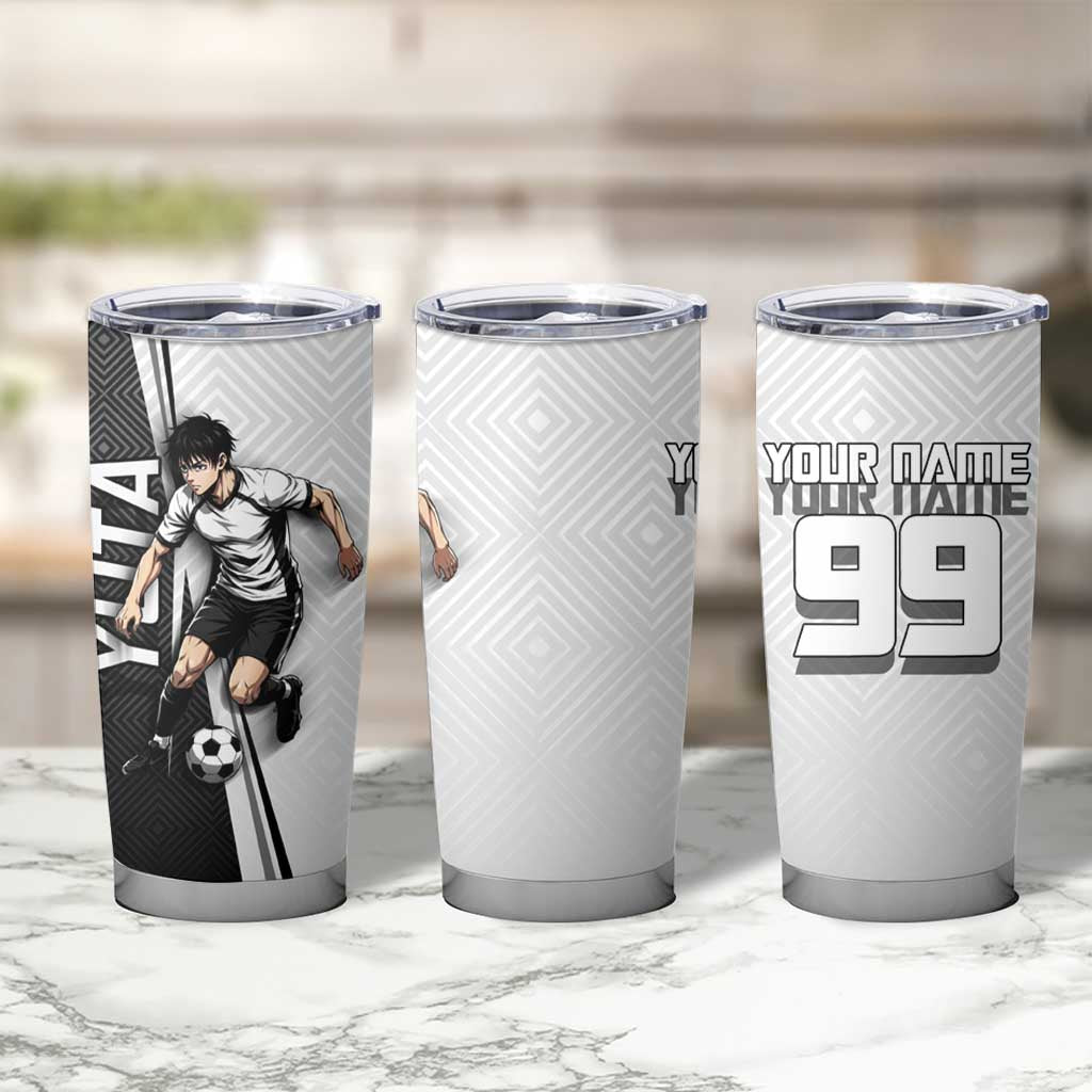 Personalized Okkotsu Yuta Jujutsu Kaisen Soccer Tumbler Cup with Dribbling Action Pose and Monochrome Geometric Graphic Design - The Mazicc
