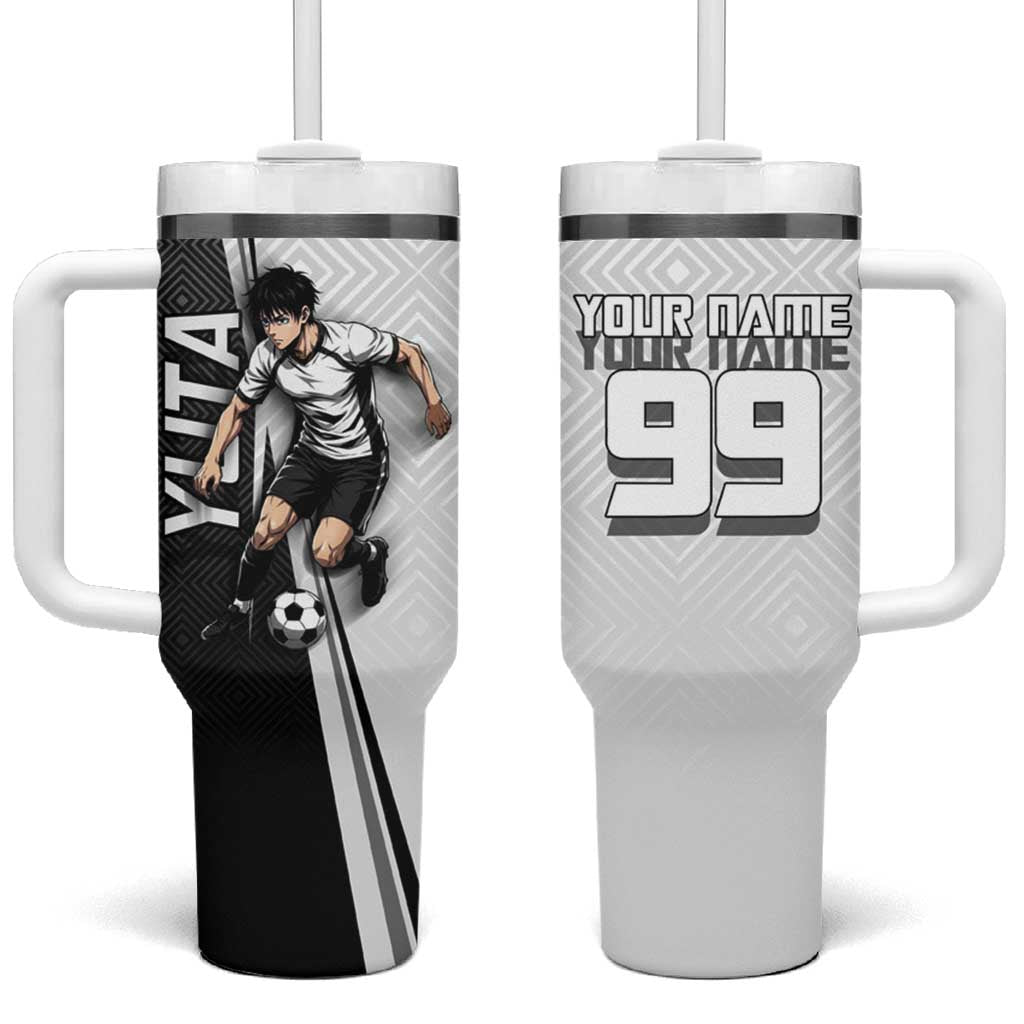 Personalized Okkotsu Yuta Jujutsu Kaisen Soccer Tumbler With Handle with Dribbling Action Pose and Monochrome Geometric Graphic Design - The Mazicc