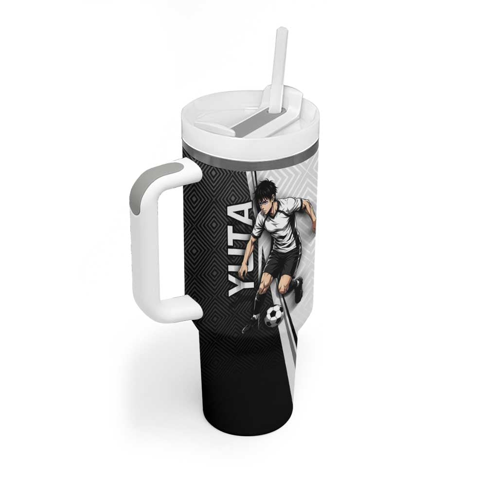 Personalized Okkotsu Yuta Jujutsu Kaisen Soccer Tumbler With Handle with Dribbling Action Pose and Monochrome Geometric Graphic Design - The Mazicc