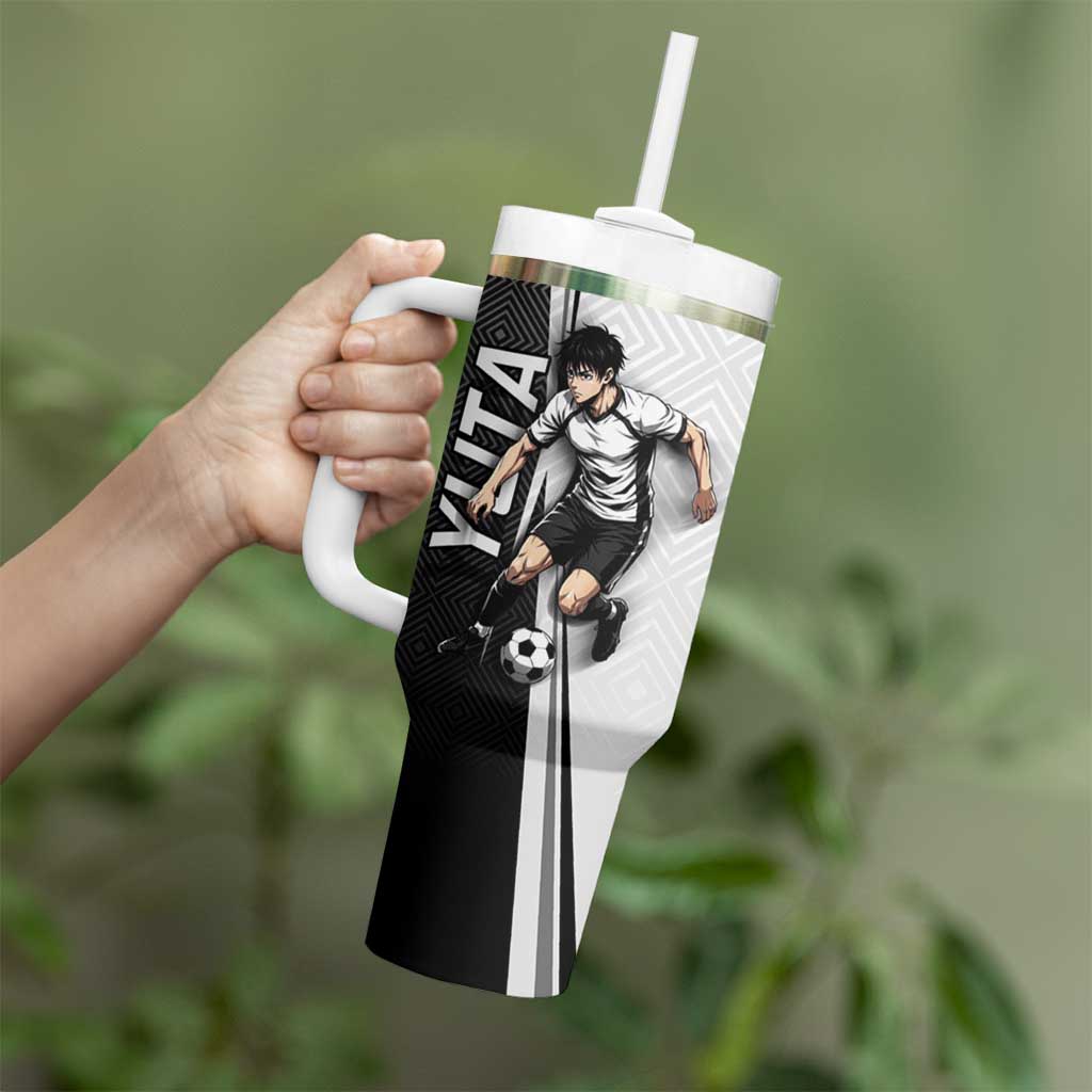 Personalized Okkotsu Yuta Jujutsu Kaisen Soccer Tumbler With Handle with Dribbling Action Pose and Monochrome Geometric Graphic Design - The Mazicc